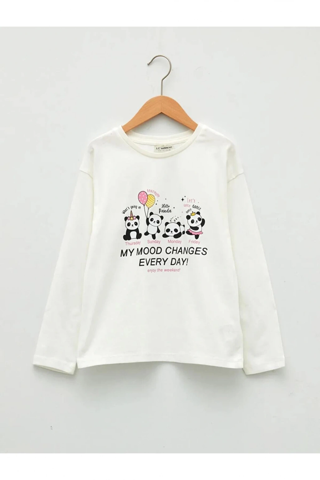 LCW Kids Ekru Bisiklet Yaka Baskılı Uzun Kollu Kız Çocuk Tişört