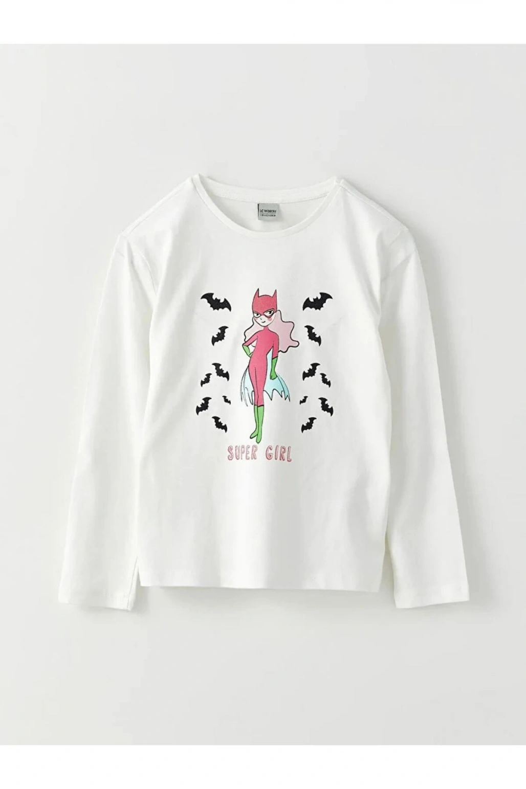 LCW Kids Ekru Bisiklet Yaka Baskılı Uzun Kollu Kız Çocuk Tişört