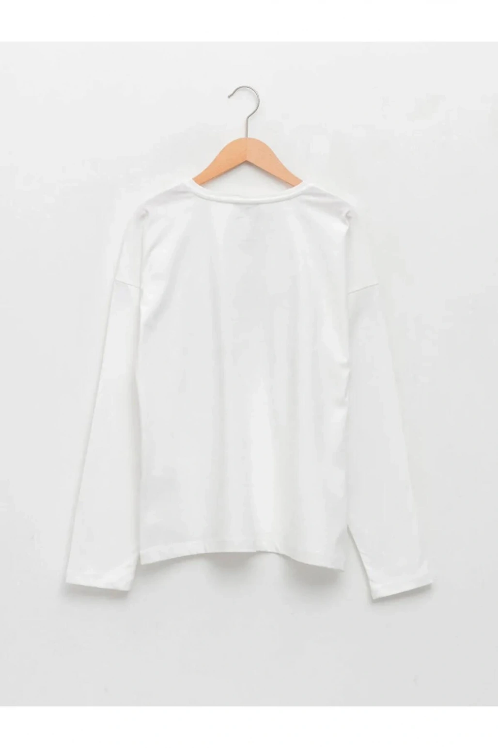 LCW Kids Ekru Bisiklet Yaka Baskılı Uzun Kollu Kız Çocuk Tişört