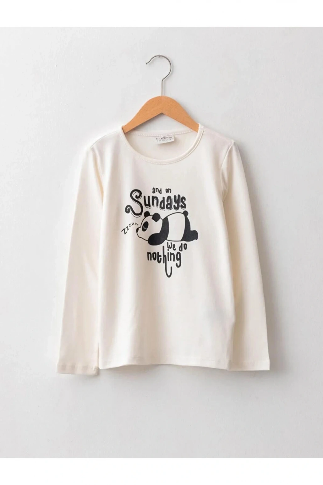 LCW Kids Ekru Bisiklet Yaka Baskılı Uzun Kollu Pamuklu Kız Çocuk Tişört