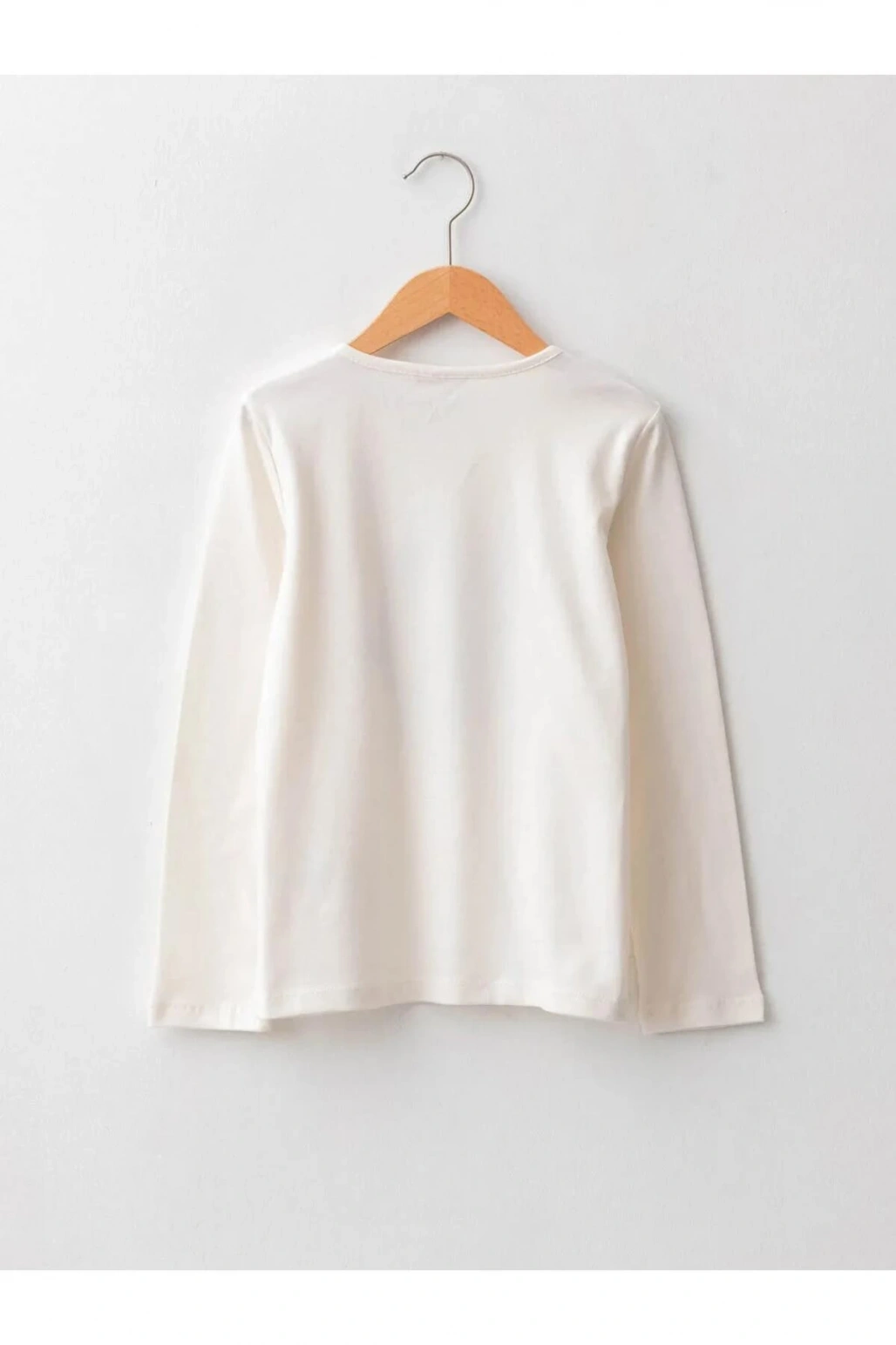 LCW Kids Ekru Bisiklet Yaka Baskılı Uzun Kollu Pamuklu Kız Çocuk Tişört
