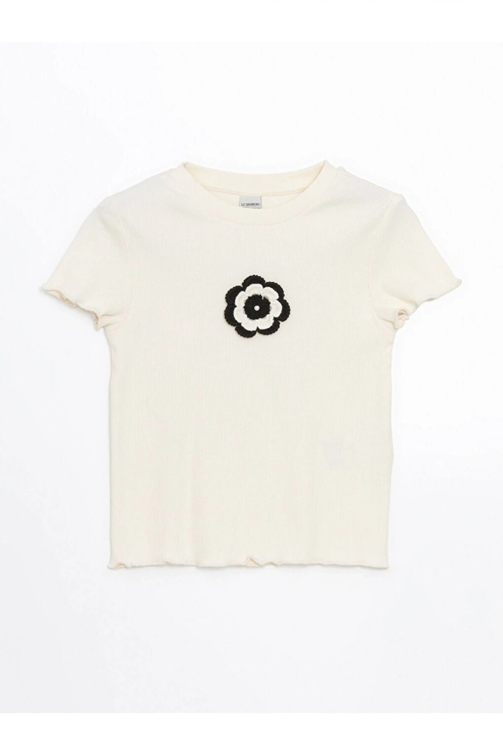 Lcw Kids Ekru Bisiklet Yaka Çiçekli Kız Çocuk Crop Tişört