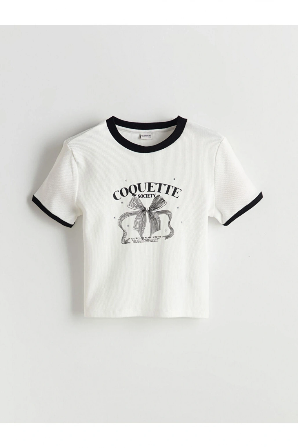 LCW Kids Ekru Bisiklet Yaka Fiyonk Baskılı Taşlı Kız Çocuk Tişört T T