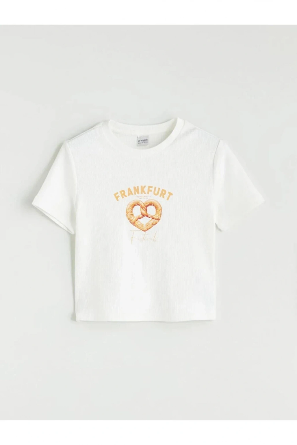 LCW Kids Ekru Bisiklet Yaka Frankfurt Baskılı Kız Çocuk Crop Tişört