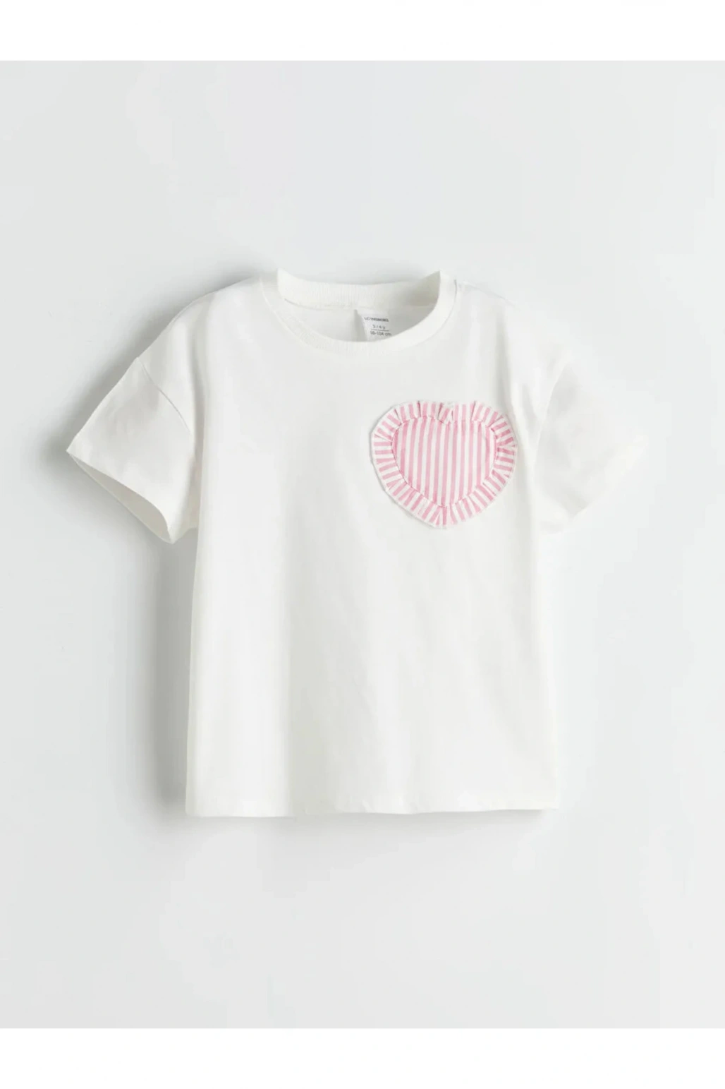 LCW Kids Ekru Bisiklet Yaka Kalpli Çizgili Kız Çocuk Tişört