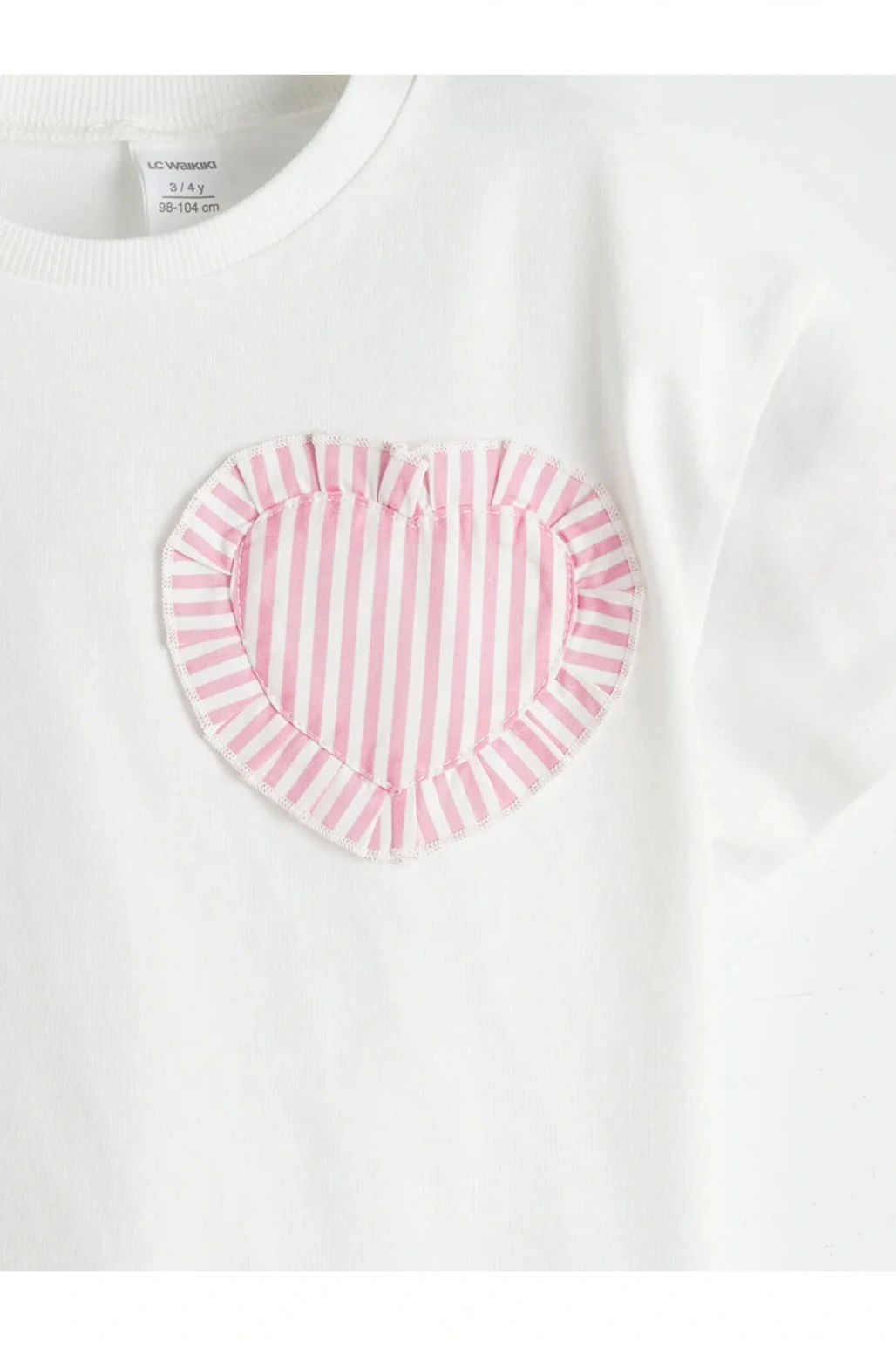 LCW Kids Ekru Bisiklet Yaka Kalpli Çizgili Kız Çocuk Tişört