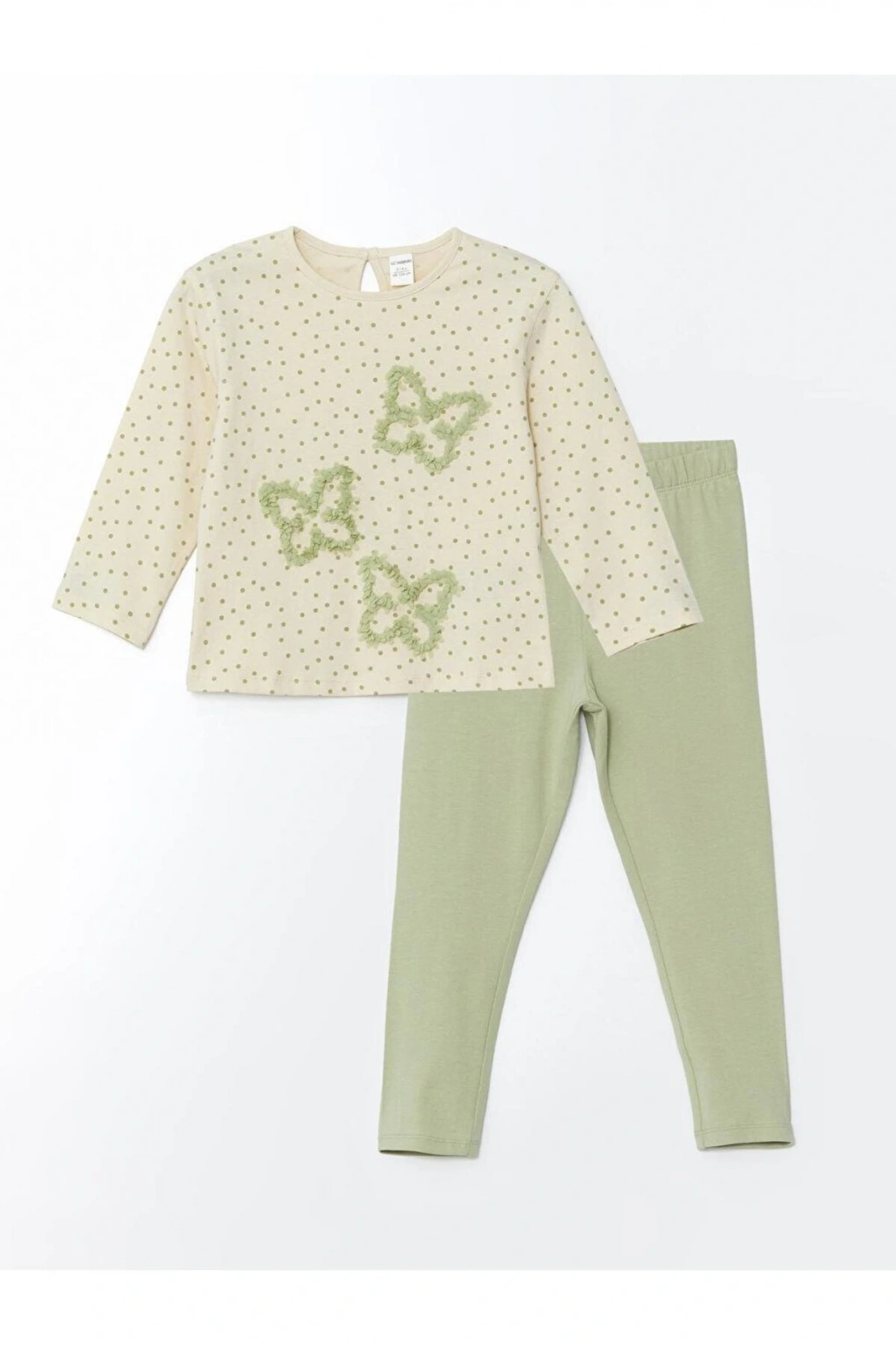 LCW Kids Ekru Bisiklet Yaka Kelebekli Kız Çocuk Tişört ve Tayt 2li