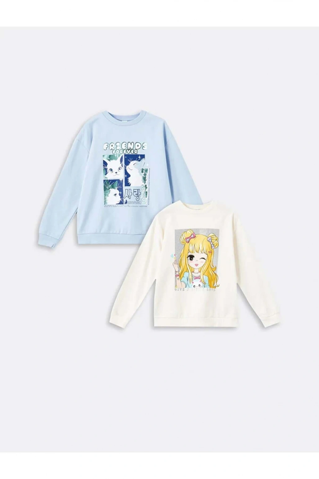 LCW Kids Ekru Bisiklet Yaka Kız Çocuk Kalın Sweatshirt 2li