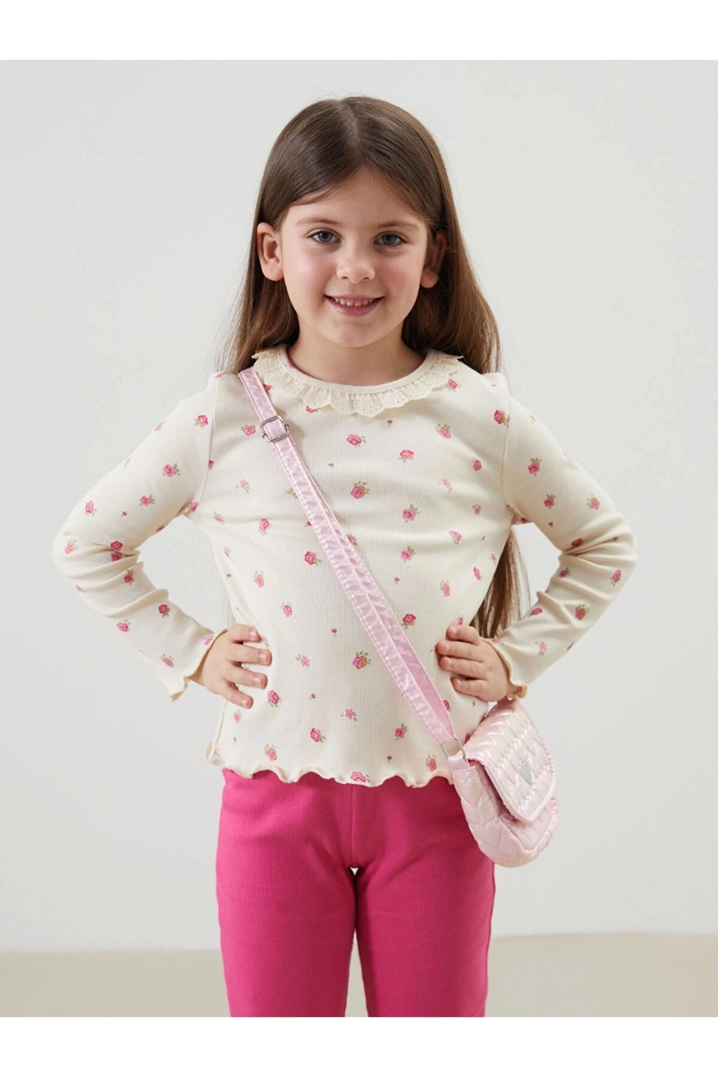 LCW Kids Ekru Çiçekli Dantelli Kız Çocuk Tişört ve Tayt 2li