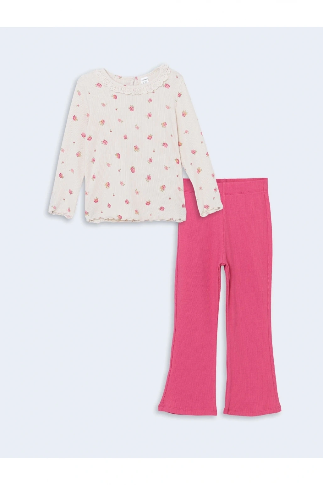 LCW Kids Ekru Çiçekli Dantelli Kız Çocuk Tişört ve Tayt 2li