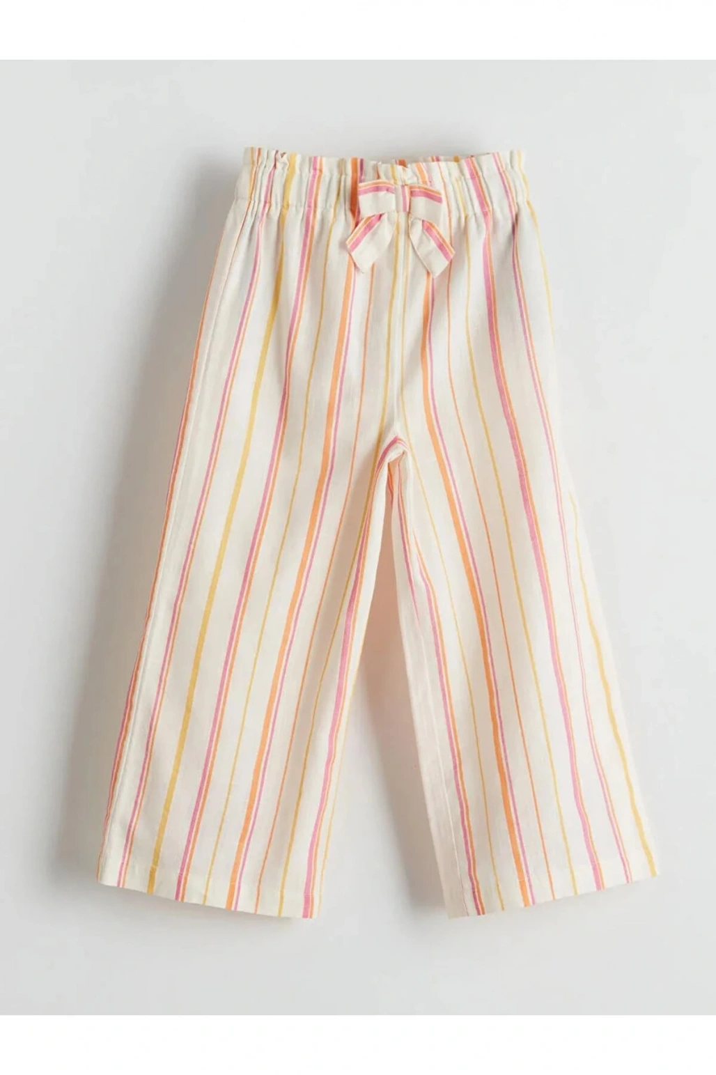 LCW Kids Ekru Çizgili Keten Karışımlı Kız Çocuk Pantolon