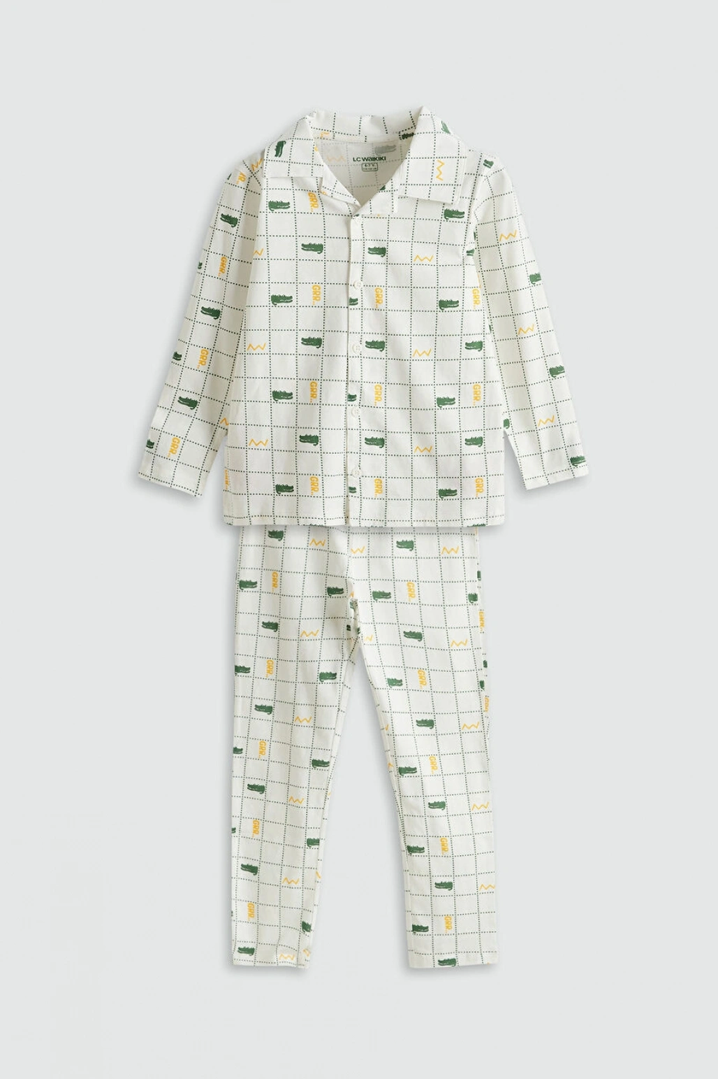 LCW Kids Ekru Gömlek Yaka Ekose Desenli Uzun Kollu Erkek Çocuk Pijama Takımı
