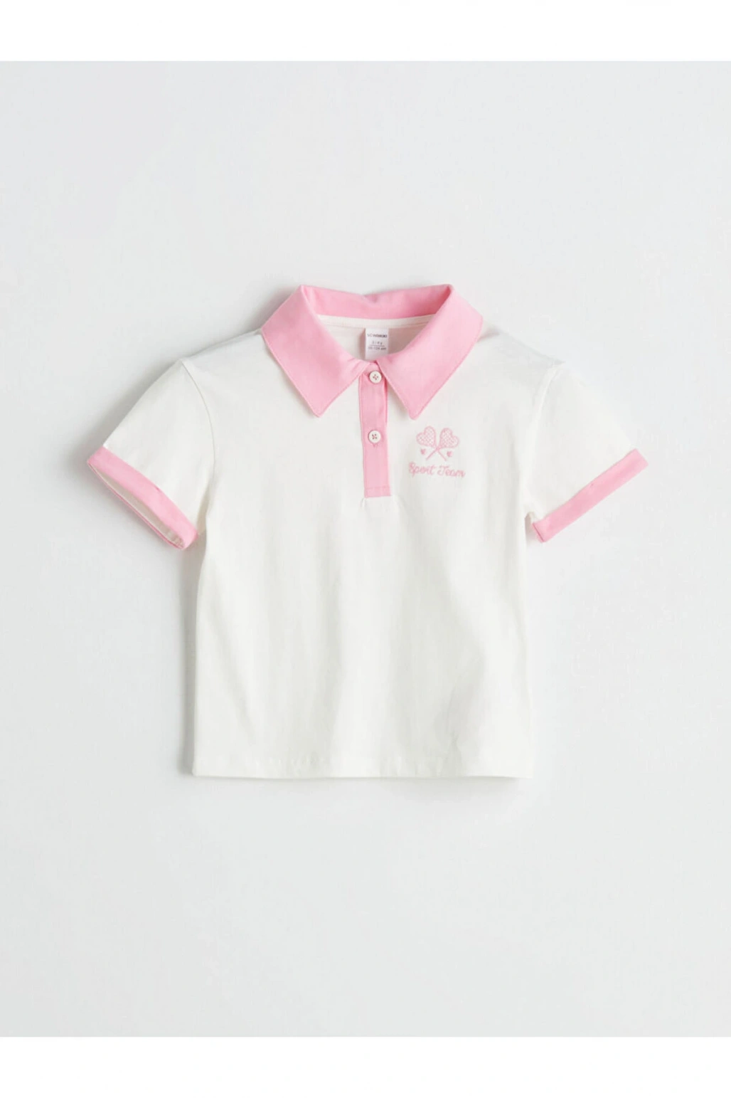 LCW Kids Ekru Polo Yaka Nakışlı Penye Kız Çocuk Tişört