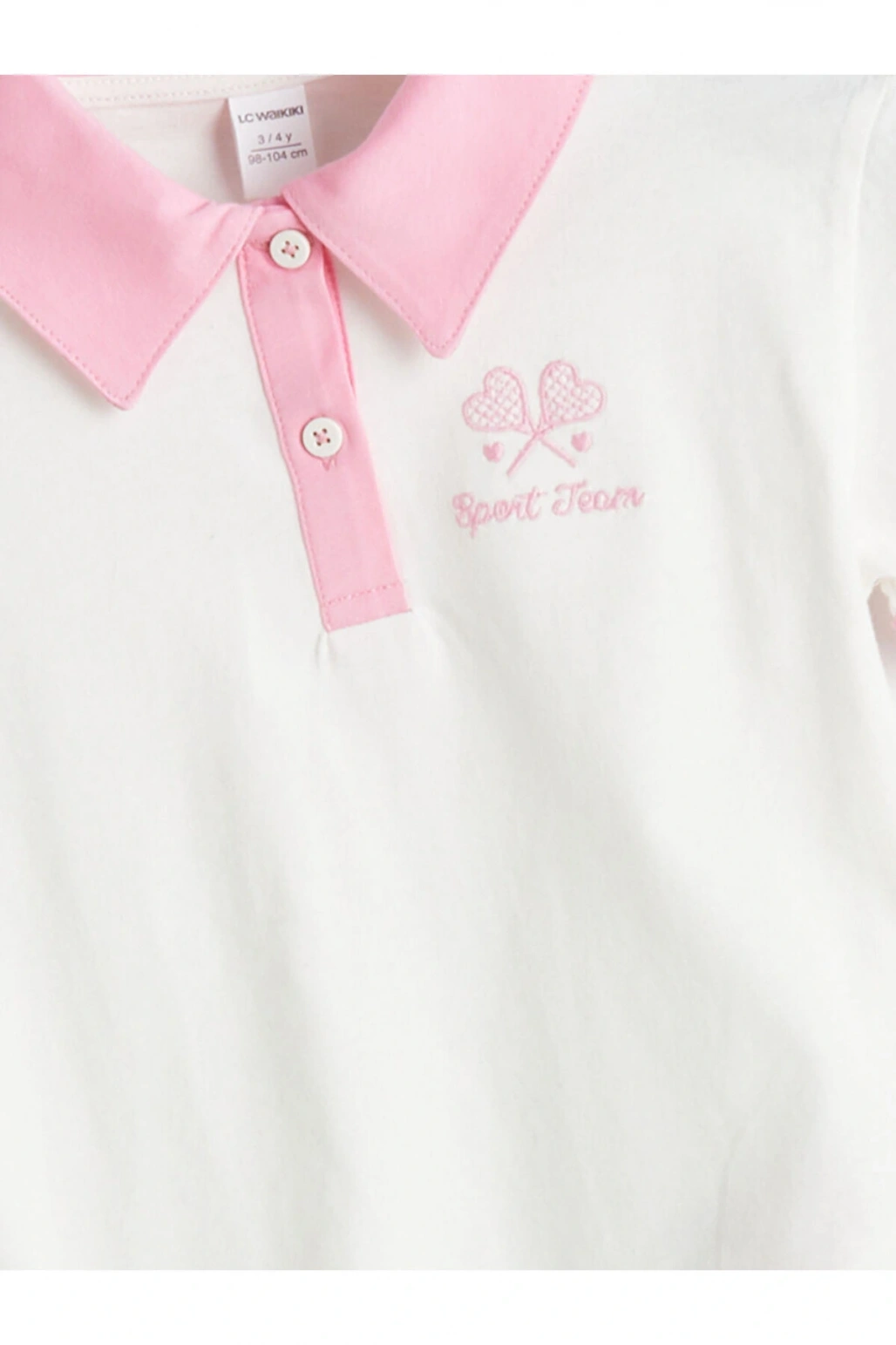 LCW Kids Ekru Polo Yaka Nakışlı Penye Kız Çocuk Tişört