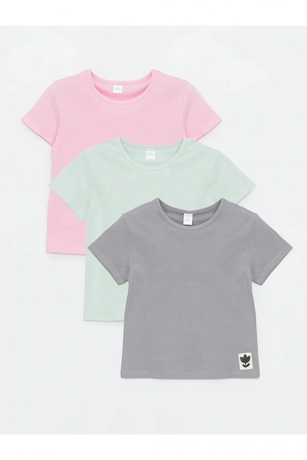 LCW Kids Gri Bisiklet Yaka Basic Kız Bebek Tişört 3lü