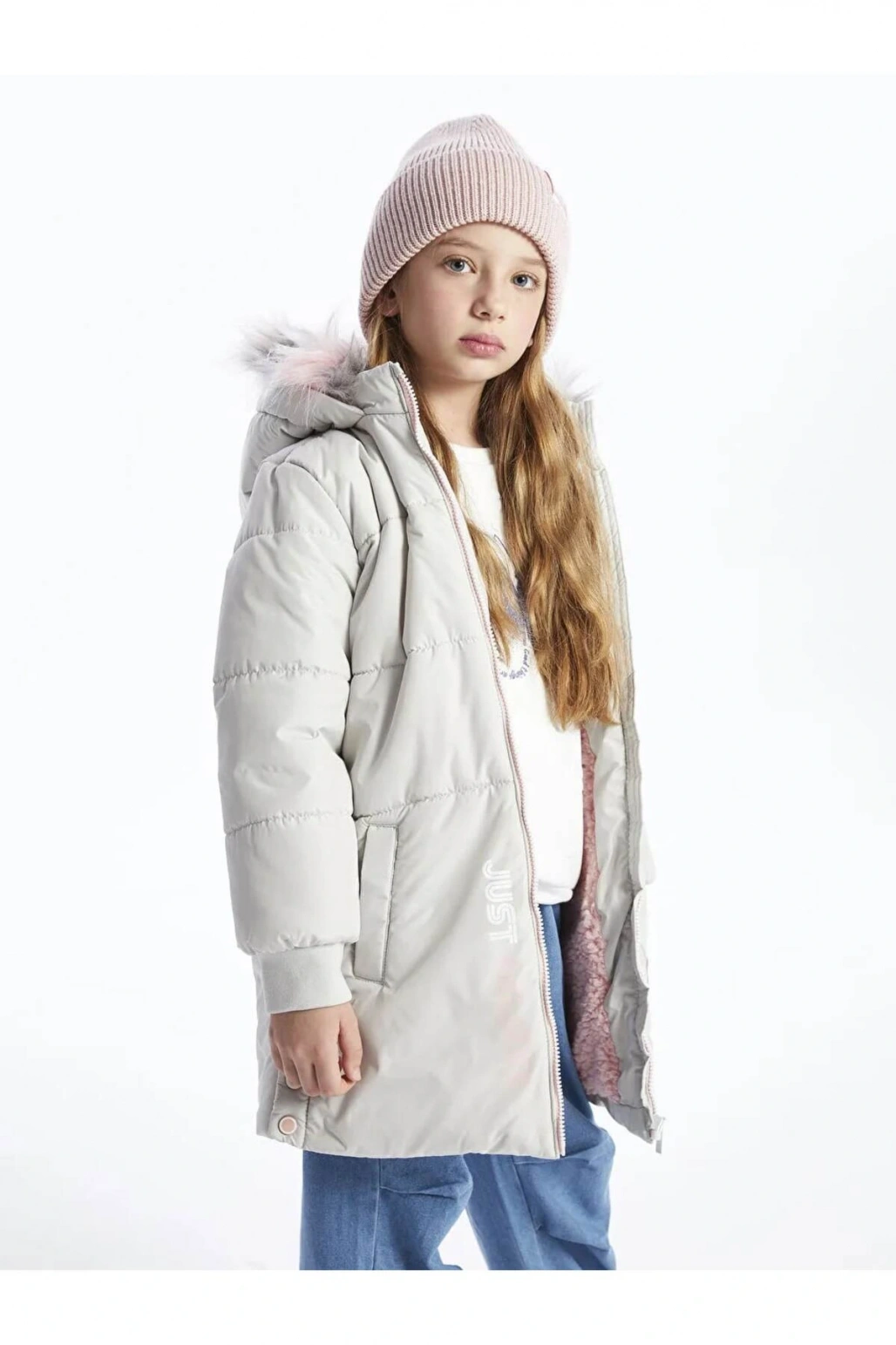 LCW Kids Gri Kapüşonlu Kız Çocuk Kaban