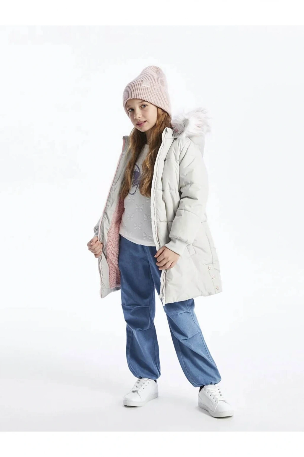 LCW Kids Gri Kapüşonlu Kız Çocuk Kaban