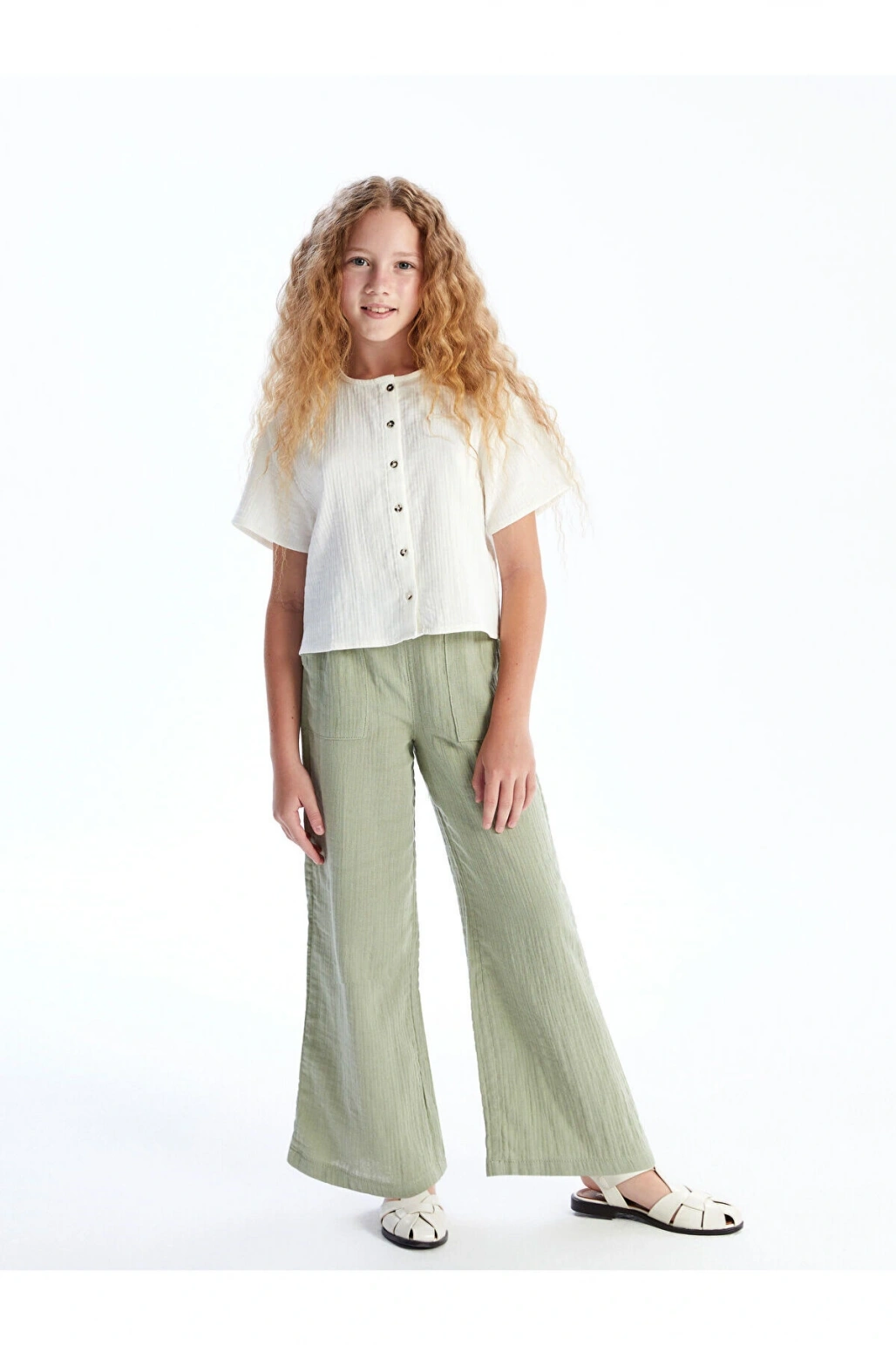 LCW Kids Haki Beli Lastikli Müslin Kız Çocuk Pantolon