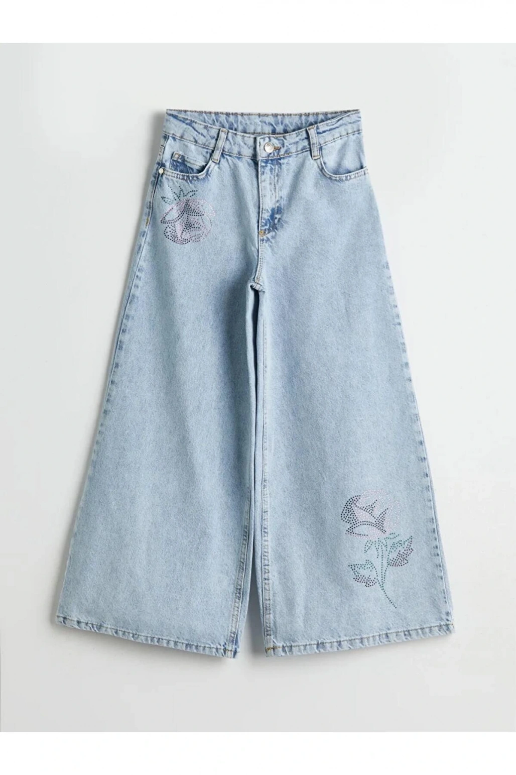 LCW Kids Indigo Wideleg Taşlı Kız Çocuk Jean Pantolon