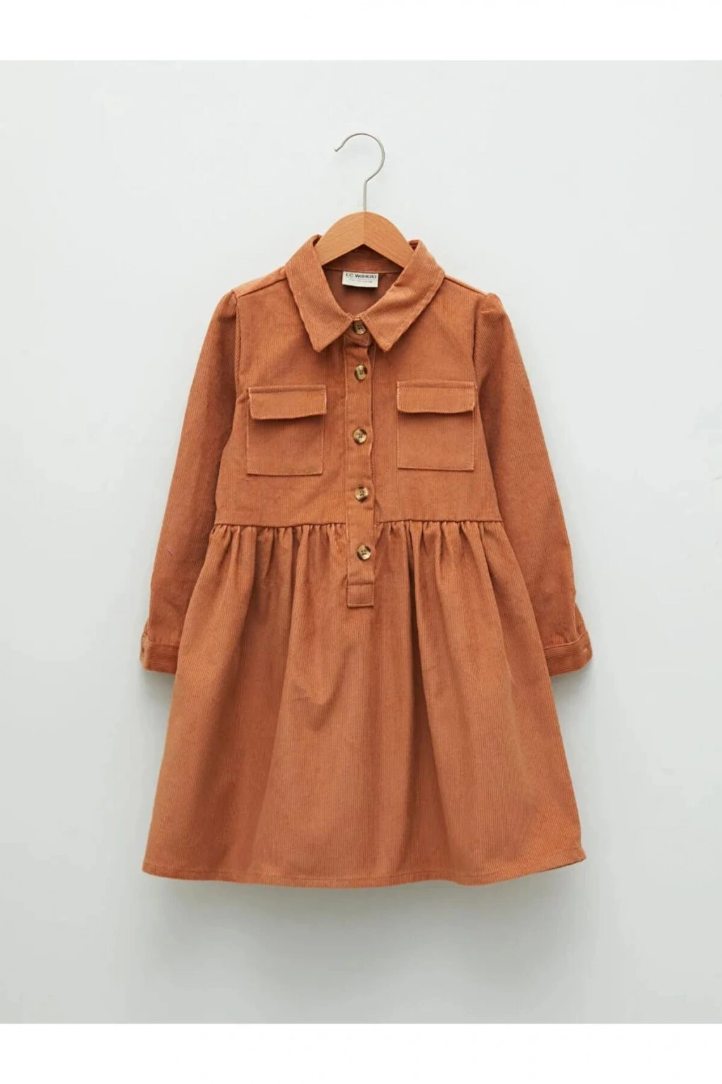LCW Kids Kahverengi Gömlek Yaka Basic Uzun Kollu Kadife Kız Çocuk Elbise