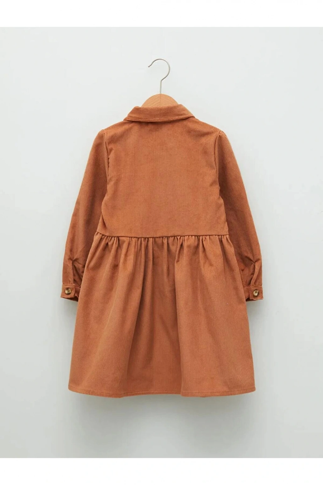 LCW Kids Kahverengi Gömlek Yaka Basic Uzun Kollu Kadife Kız Çocuk Elbise