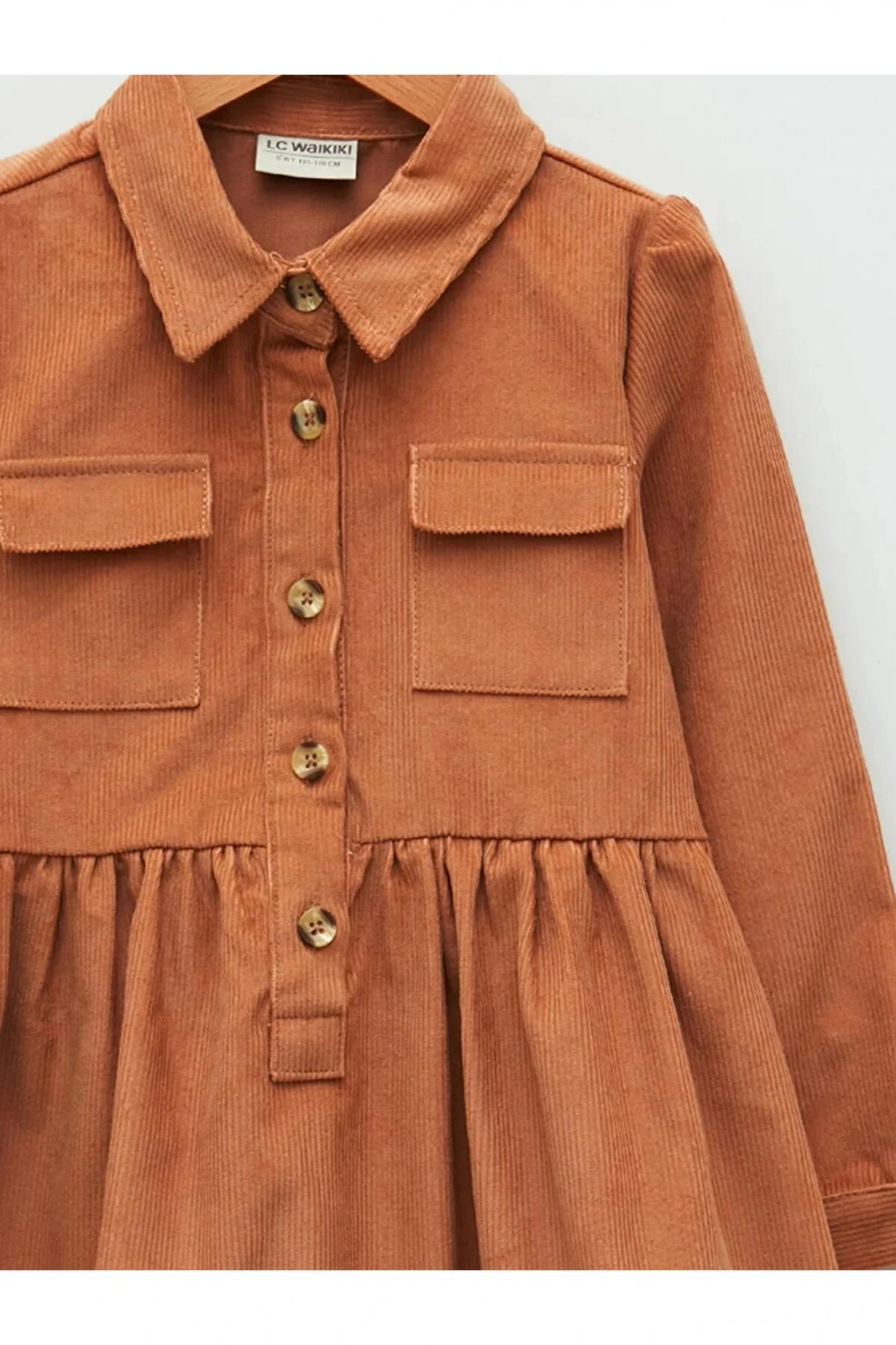 LCW Kids Kahverengi Gömlek Yaka Basic Uzun Kollu Kadife Kız Çocuk Elbise