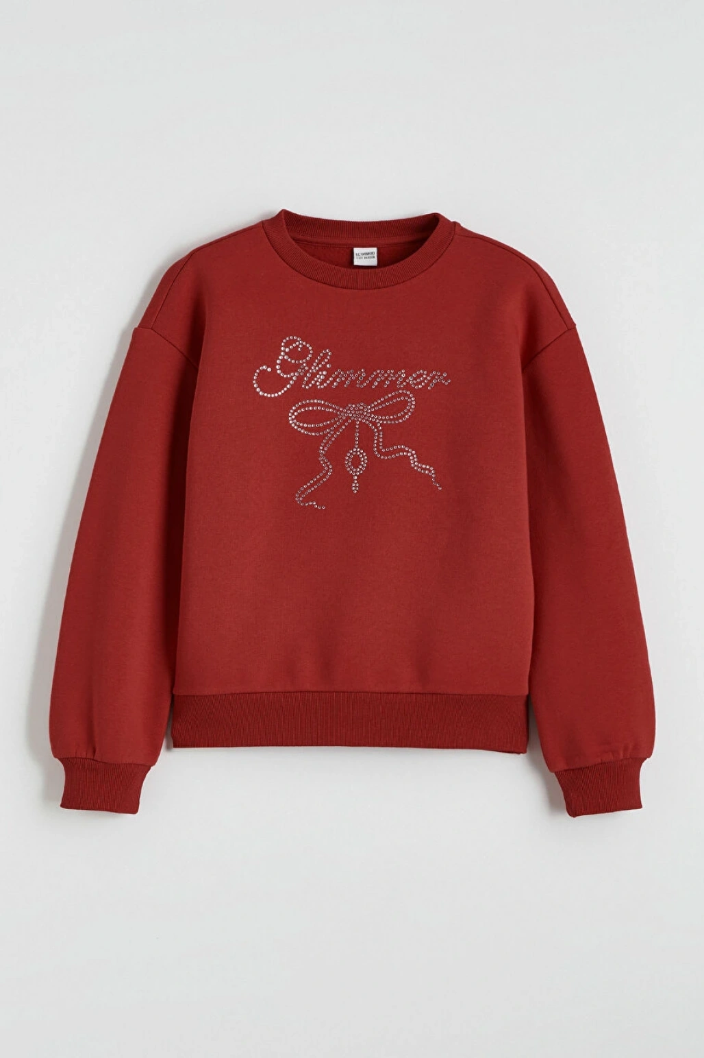 LCW Kids Kırmızı Bisiklet Yaka Taşlı Kız Çocuk Kalın Sweatshirt