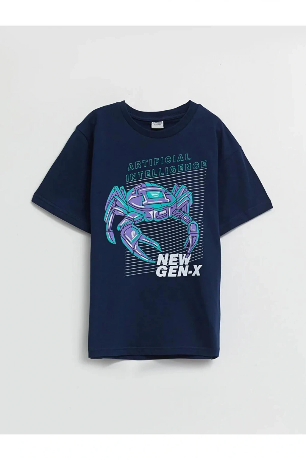 LCW Kids Lacivert Bisiklet Yaka Baskılı Kısa Kollu Pamuklu Erkek Çocuk Tişört