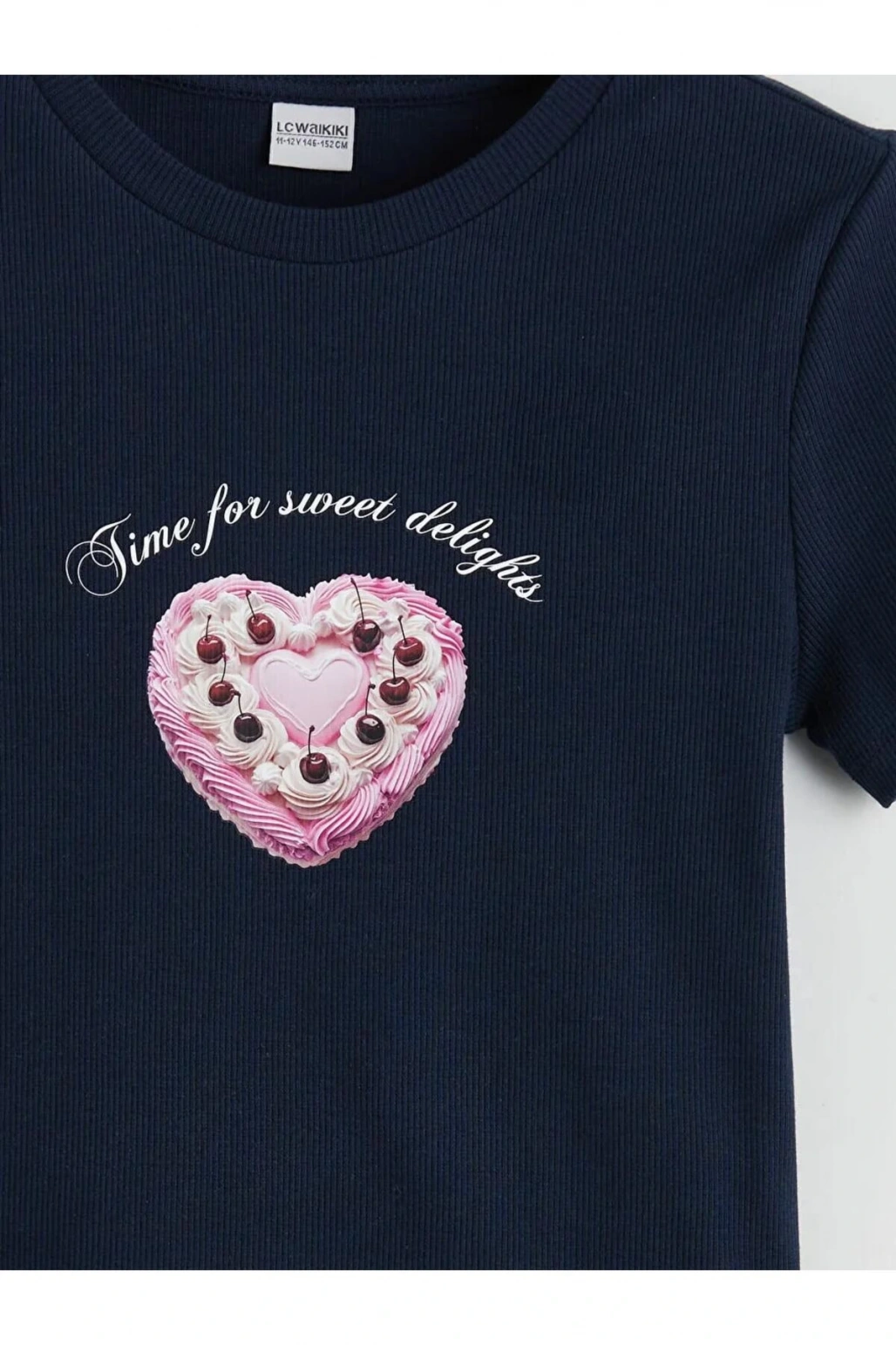 LCW Kids Lacivert Bisiklet Yaka Baskılı Kız Çocuk Crop Tişört