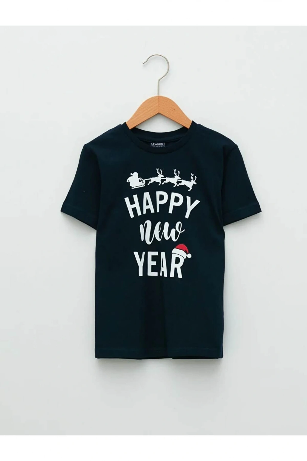 LCW Kids Lacivert Bisiklet Yaka Yılbaşı Temalı Kısa Kollu Pamuklu Erkek Çocuk Tişört