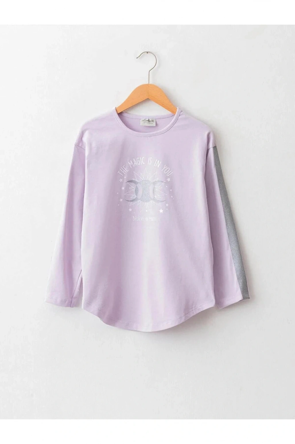 LCW Kids Lila Bisiklet Yaka Baskılı Uzun Kollu Pamuklu Kız Çocuk Tişört