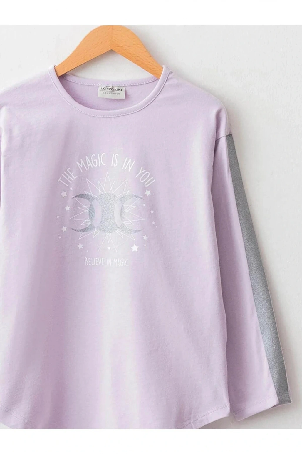 LCW Kids Lila Bisiklet Yaka Baskılı Uzun Kollu Pamuklu Kız Çocuk Tişört