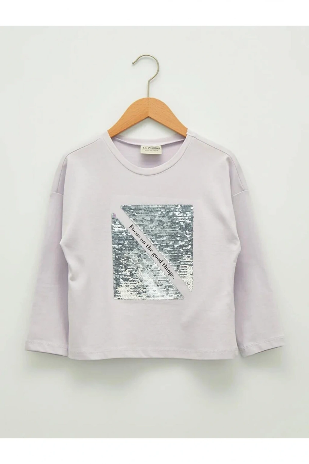 LCW Kids Lila Bisiklet Yaka Pul Payet İşlemeli Uzun Kollu Kız Çocuk Tişört