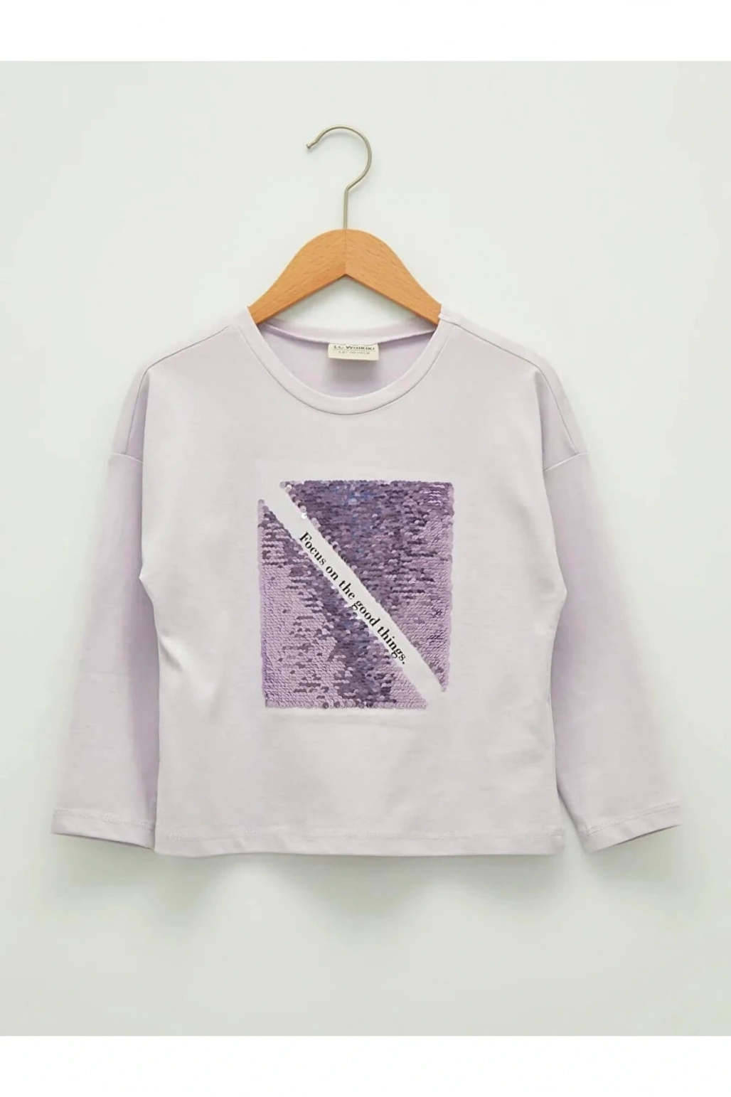 LCW Kids Lila Bisiklet Yaka Pul Payet İşlemeli Uzun Kollu Kız Çocuk Tişört