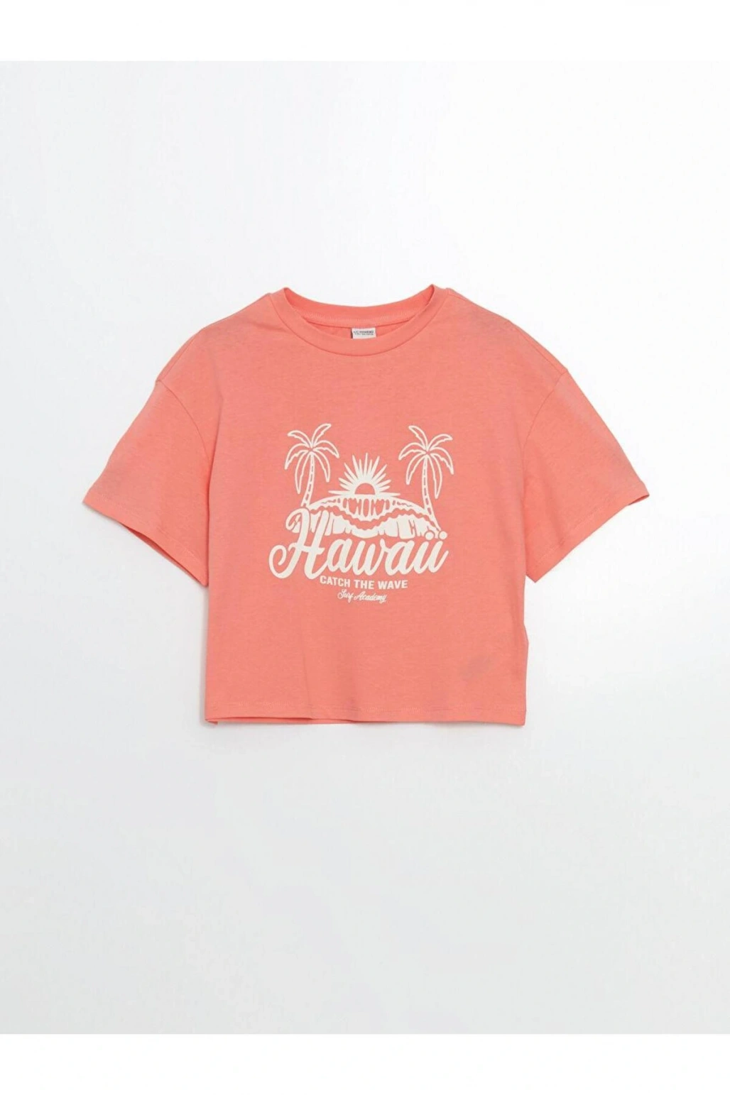 LCW Kids Mercan Bisiklet Yaka Palmiye Baskılı Kız Çocuk Tişört