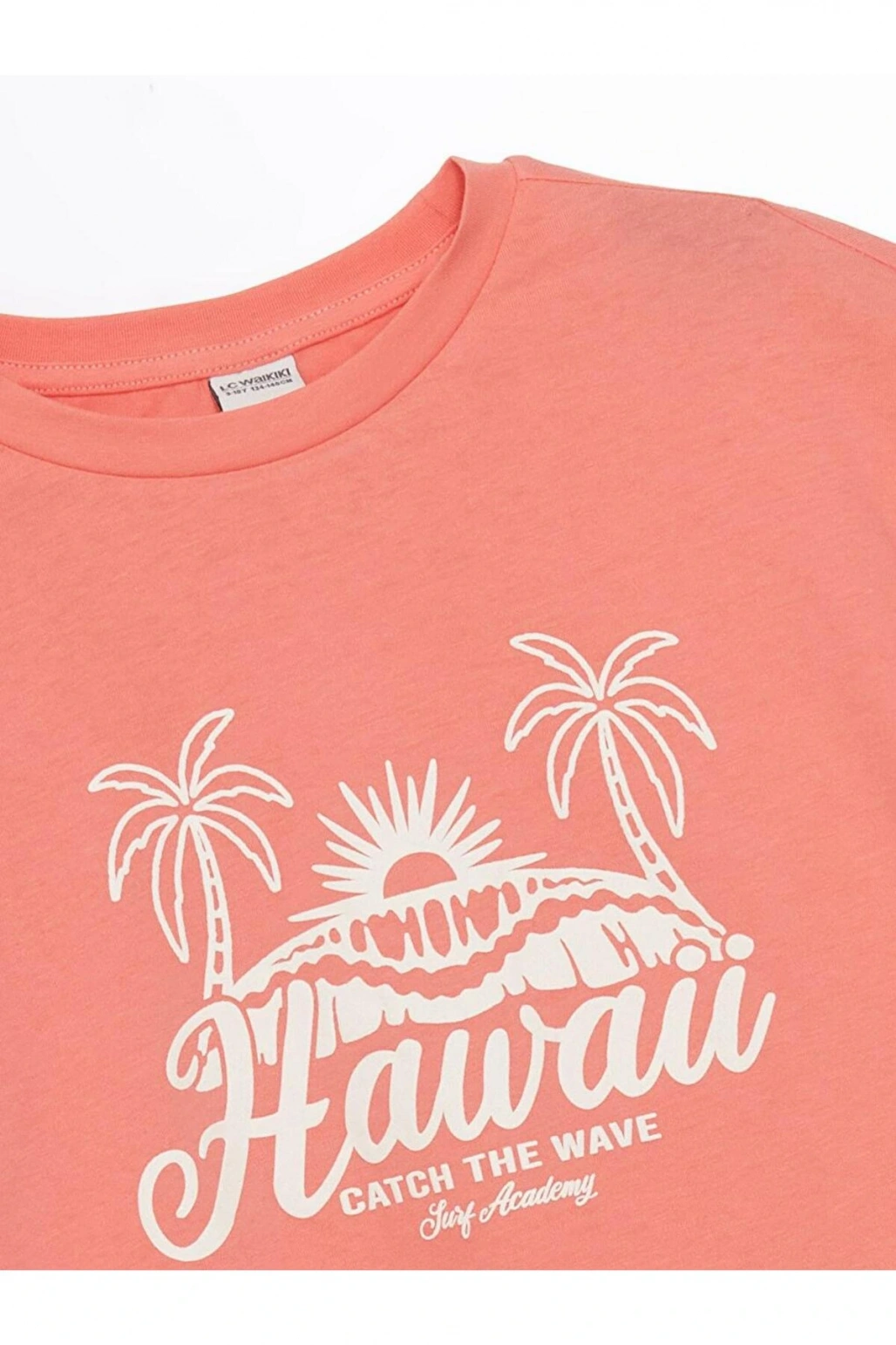 LCW Kids Mercan Bisiklet Yaka Palmiye Baskılı Kız Çocuk Tişört