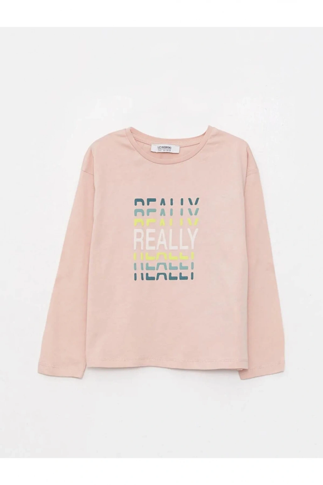 LCW Kids Pembe Bisiklet Yaka Baskılı Uzun Kollu Pamuklu Kız Çocuk Tişört