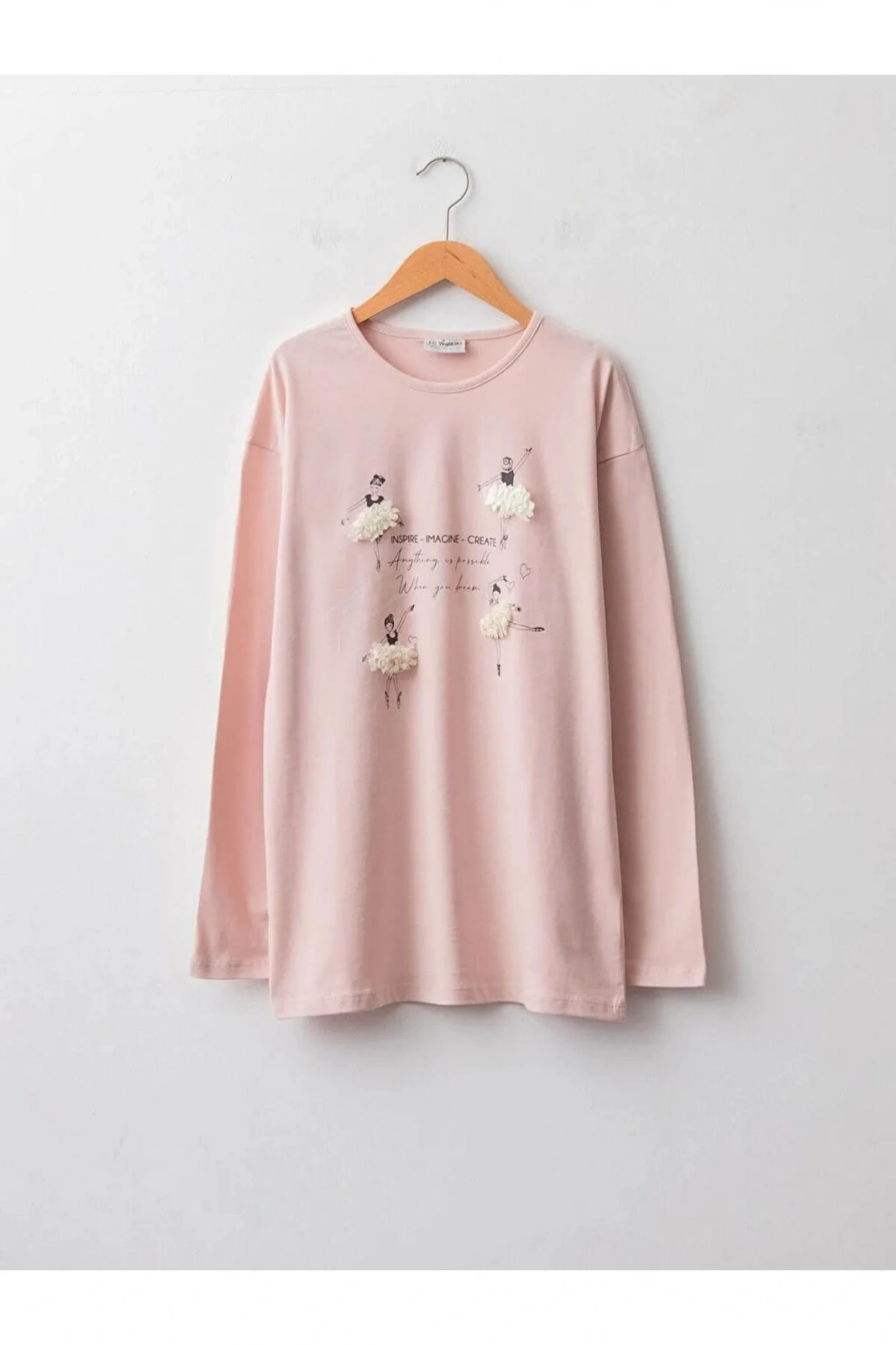 LCW Kids Pembe Bisiklet Yaka Baskılı Uzun Kollu Pamuklu Kız Çocuk Tişört