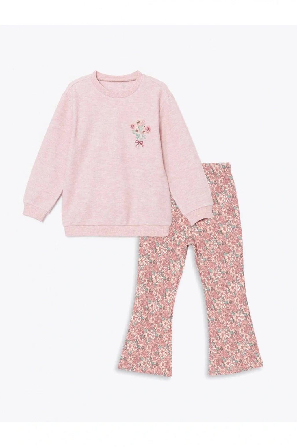 LCW Kids Pembe Bisiklet Yaka Çiçekli Kız Çocuk Sweatshirt Ve Tayt 2li