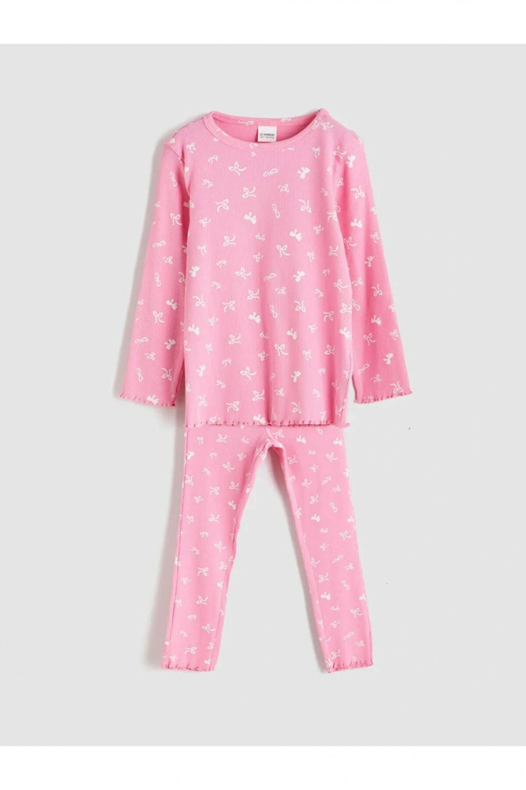 LCW Kids Pembe Bisiklet Yaka Fiyonk Baskılı Kız Çocuk Pijama Takımı