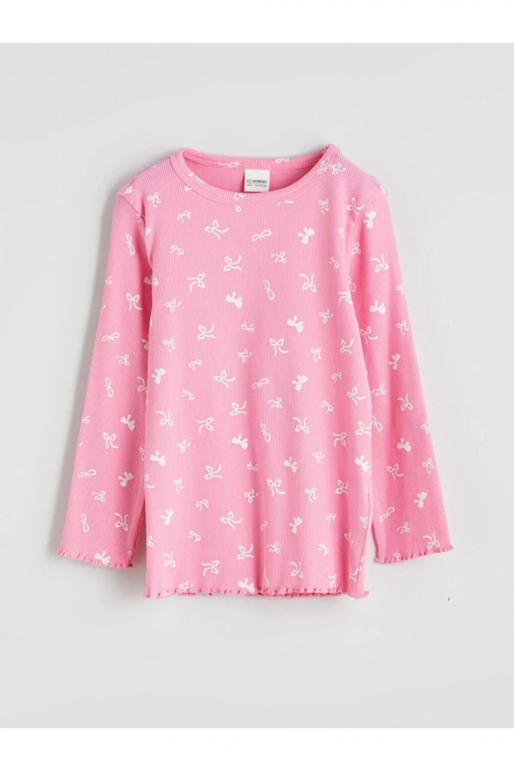 LCW Kids Pembe Bisiklet Yaka Fiyonk Baskılı Kız Çocuk Pijama Takımı