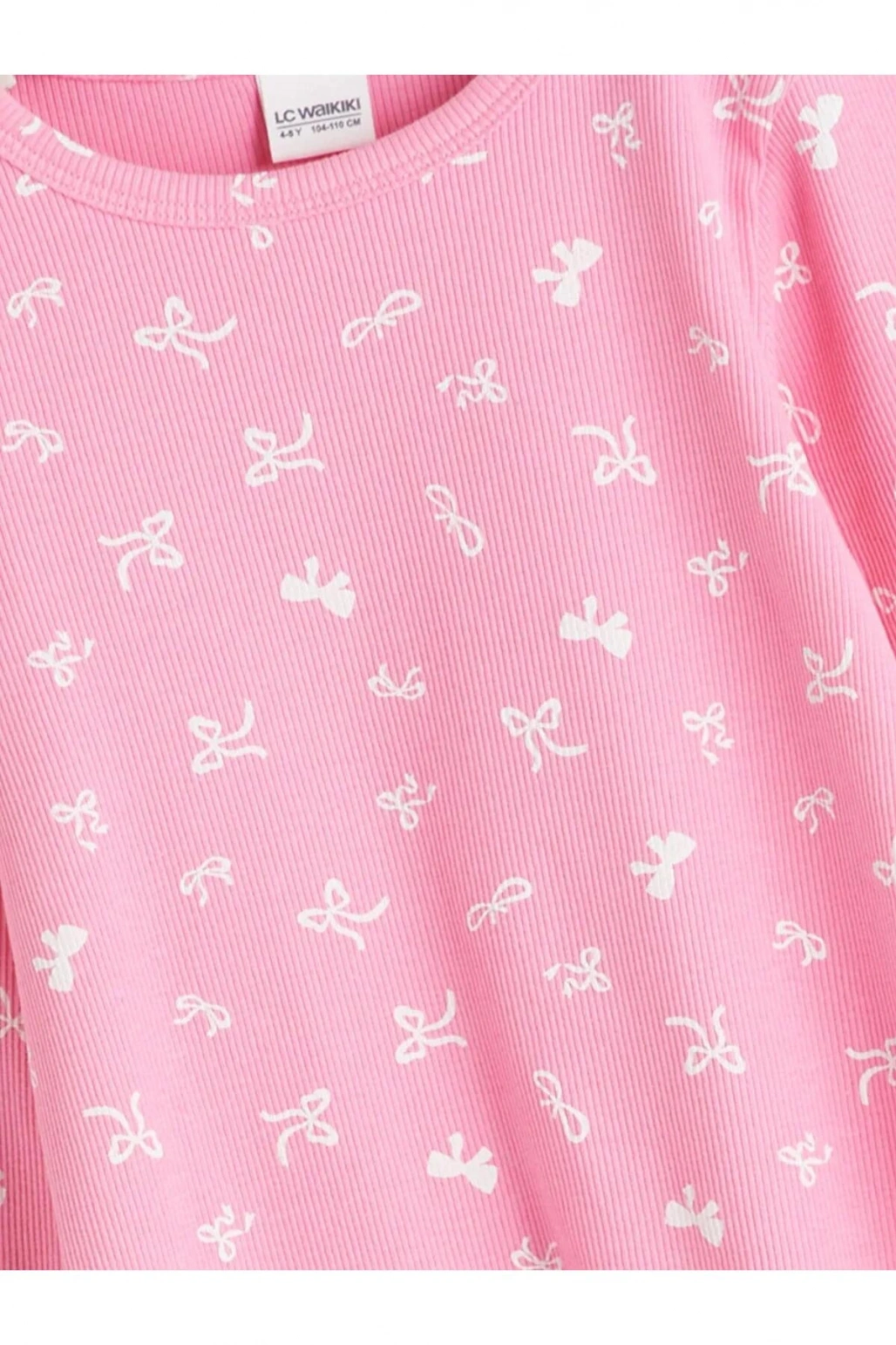 LCW Kids Pembe Bisiklet Yaka Fiyonk Baskılı Kız Çocuk Pijama Takımı