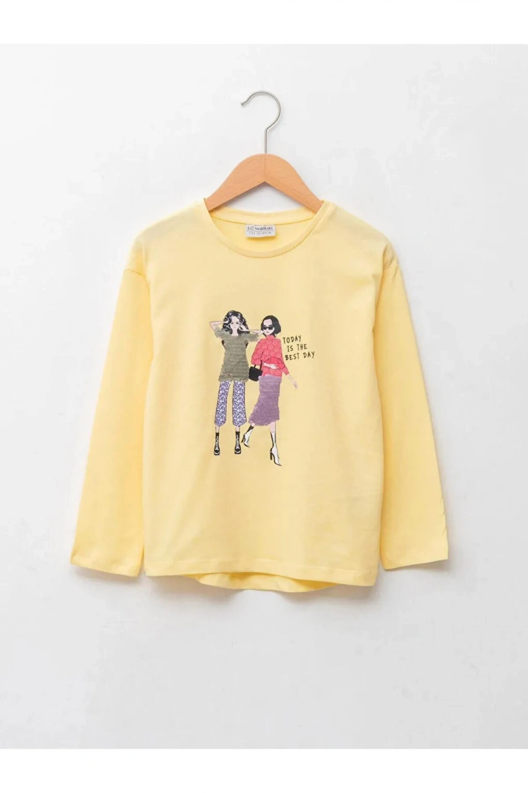 LCW Kids Sarı Bisiklet Yaka Baskılı Çift Yönlü Payetli Uzun Kollu Kız Çocuk Tişört