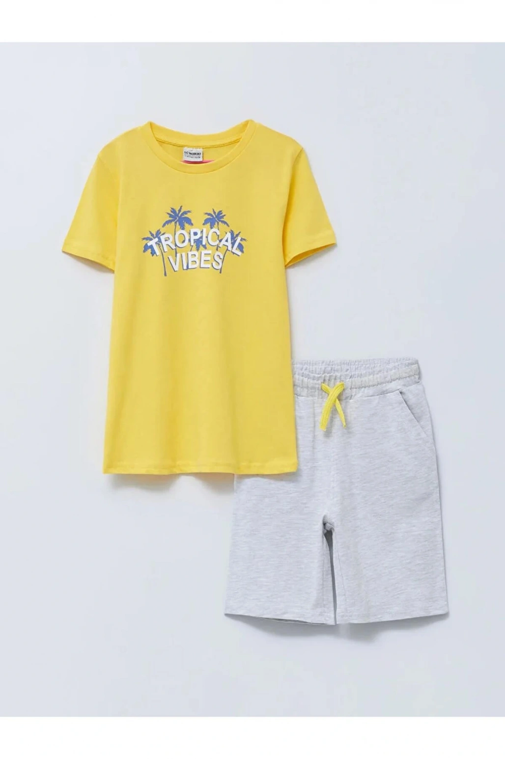 LCW Kids Sarı Bisiklet Yaka Baskılı Kısa Kollu Erkek Çocuk Tişört ve Şort
