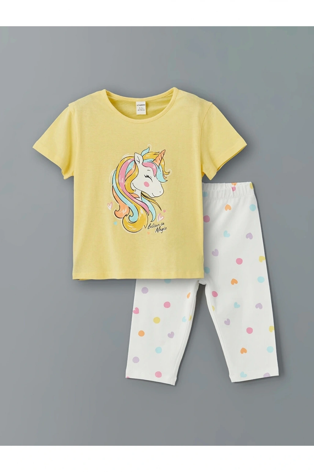 LCW Kids SARI Bisiklet Yaka Baskılı Kız Çocuk Tişört ve Tayt 2li