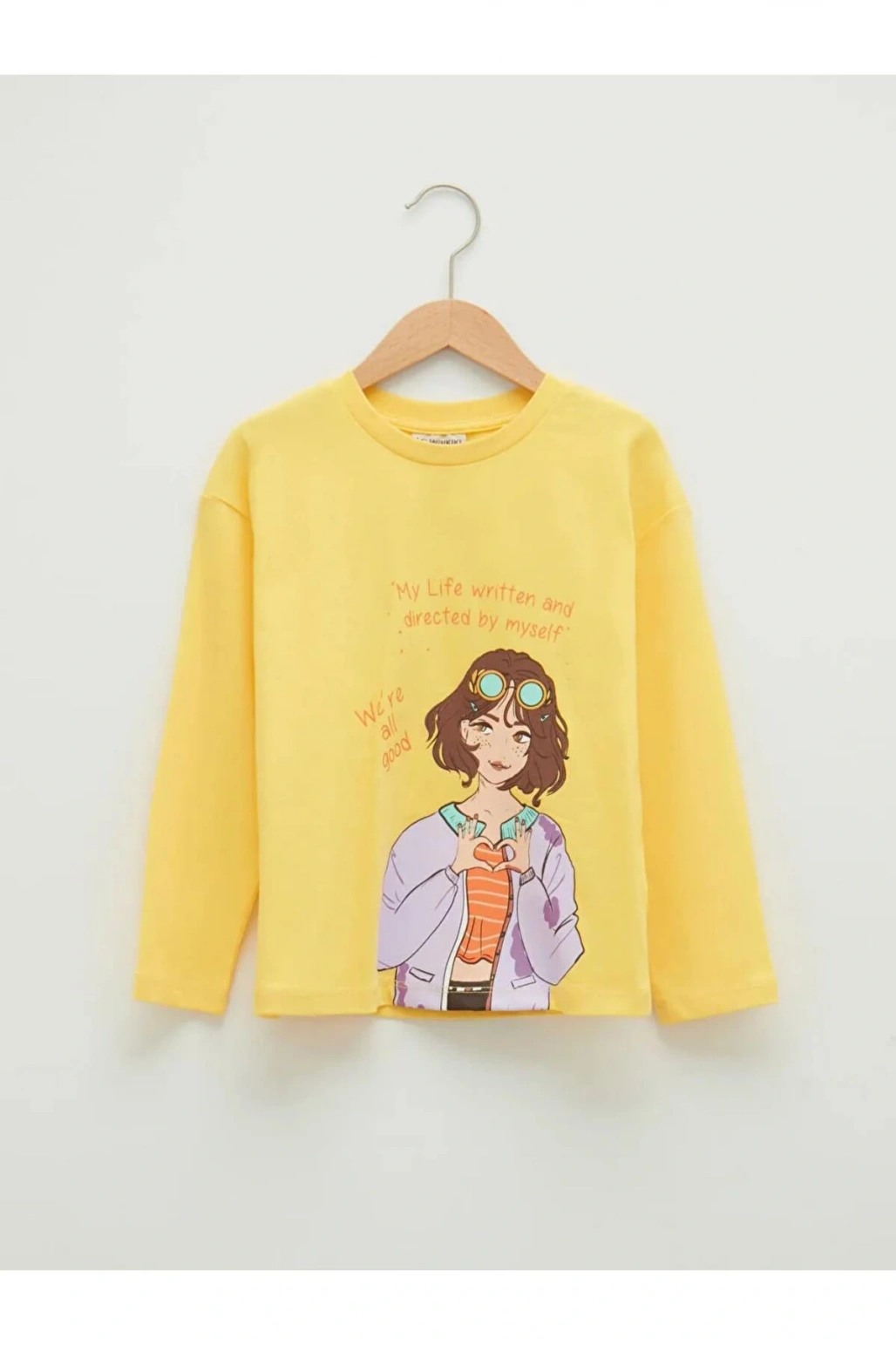 LCW Kids Sarı Bisiklet Yaka Baskılı Uzun Kollu Pamuklu Kız Çocuk Tişört