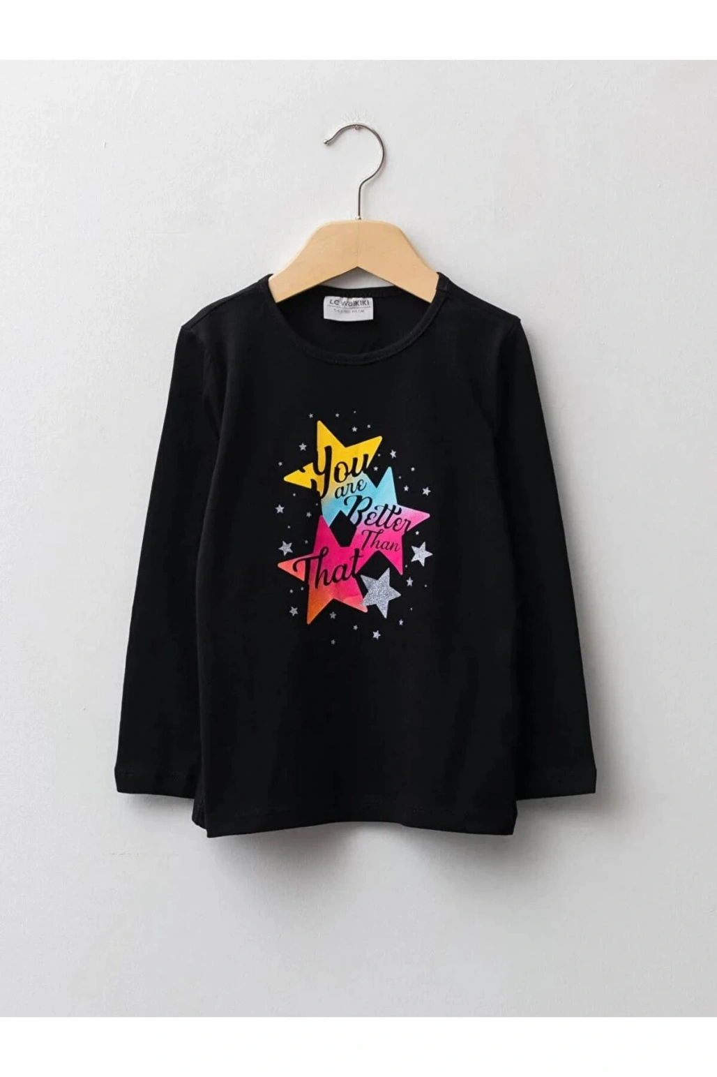 LCW Kids Siyah Bisiklet Yaka Baskılı Uzun Kollu Kız Çocuk Tişört