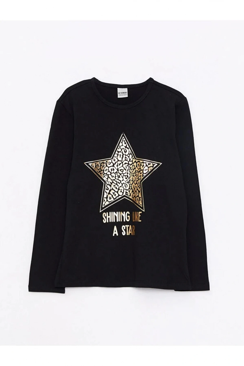 LCW Kids Siyah Bisiklet Yaka Baskılı Uzun Kollu Kız Çocuk Tişört