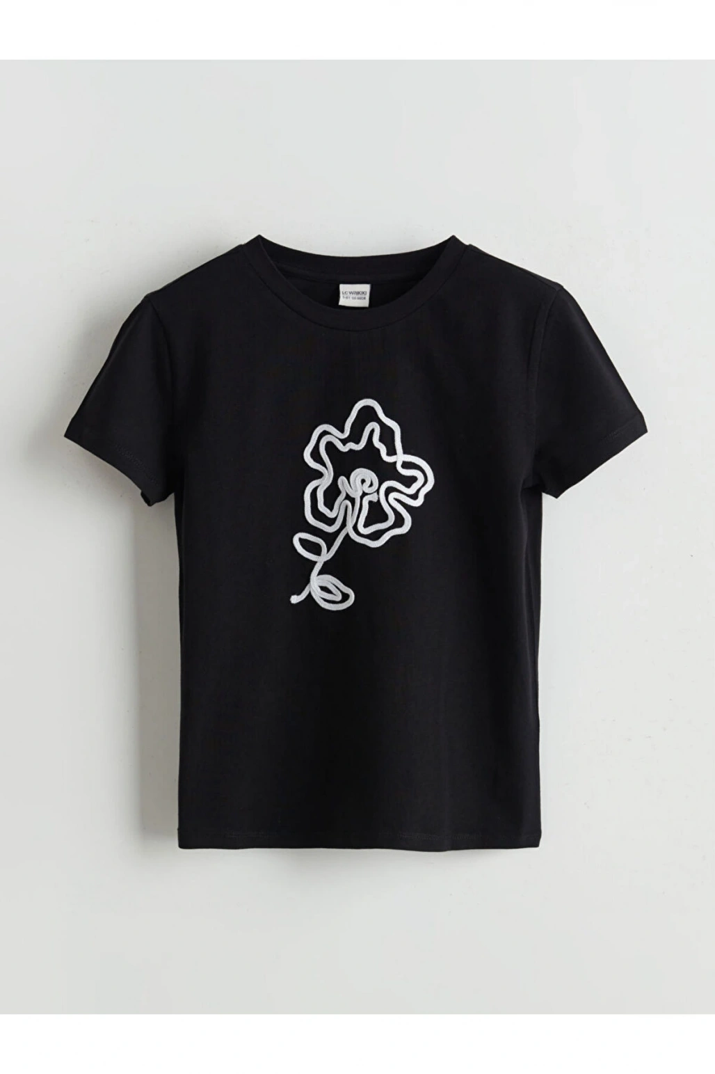 LCW Kids Siyah Bisiklet Yaka Çiçekli Kız Çocuk Tişört