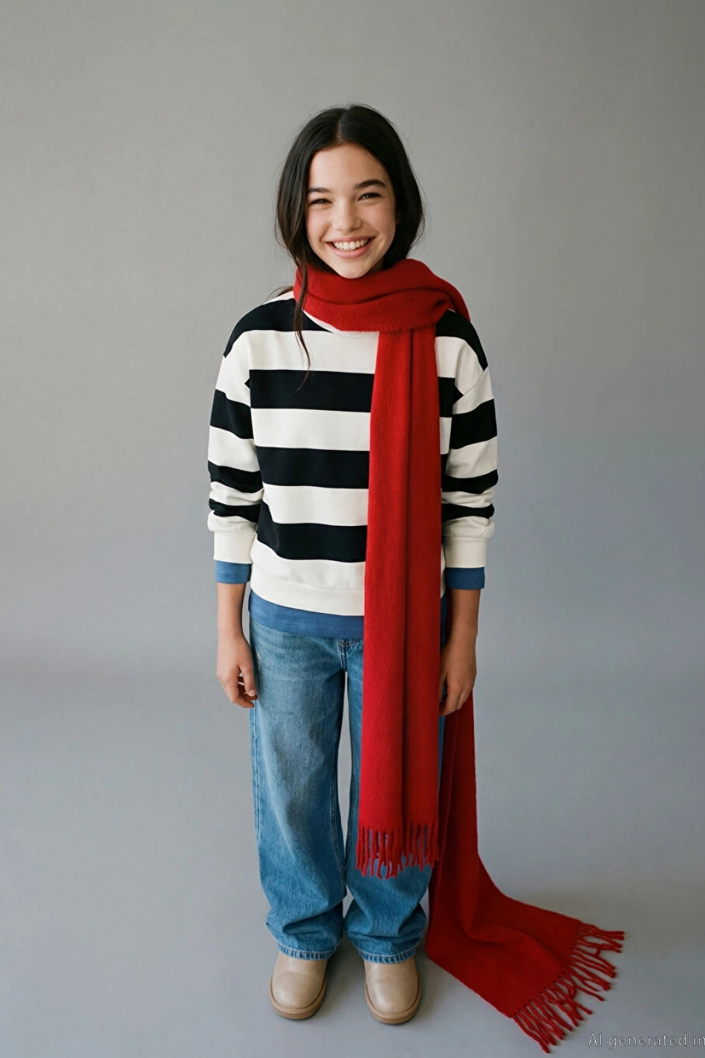 LCW Kids Siyah Bisiklet Yaka Çizgili Kız Çocuk Kalın Sweatshirt